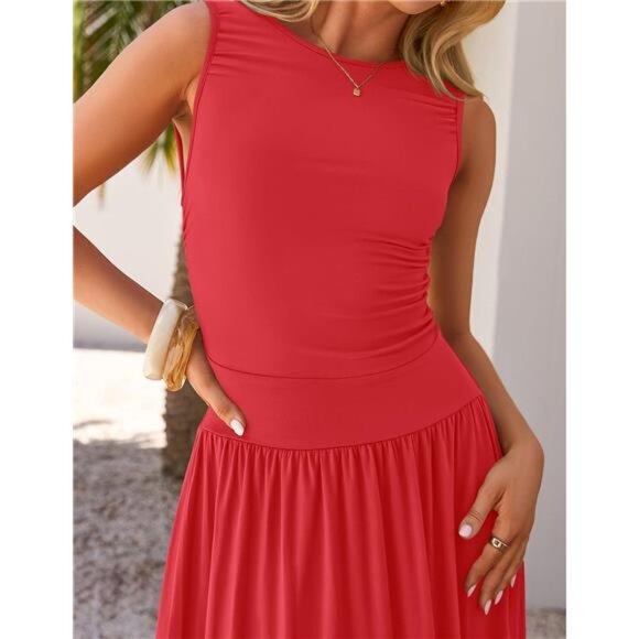 Women's Summer Sleeveless Maxi Dress 2025 Casual Crewneck Pleated Flowy - Picture 4 of 6